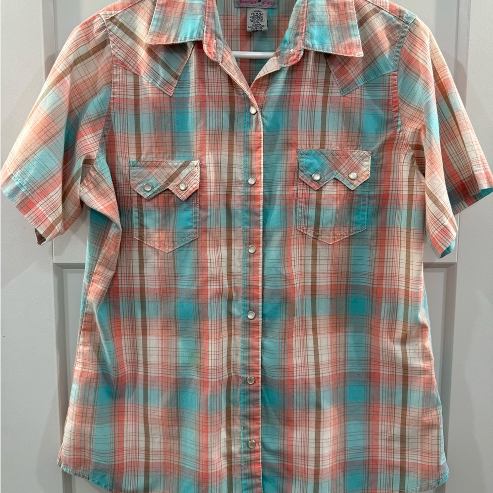 Wrangler Women’s Plaid Short Sleeve Shirt in Coral and Teal